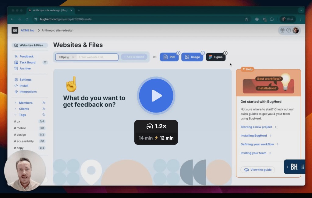 BugHerd demo thumbnail: play button and headline asking what you want to get feedback on.