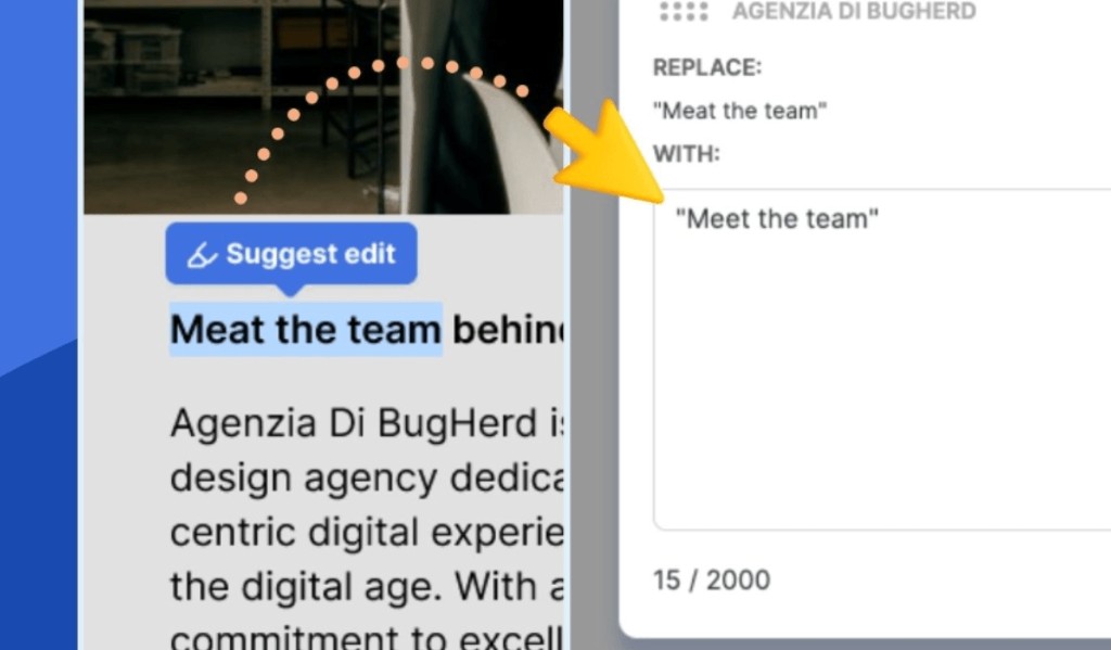 Website content feedback: inline suggest-edit on a page in BugHerd.